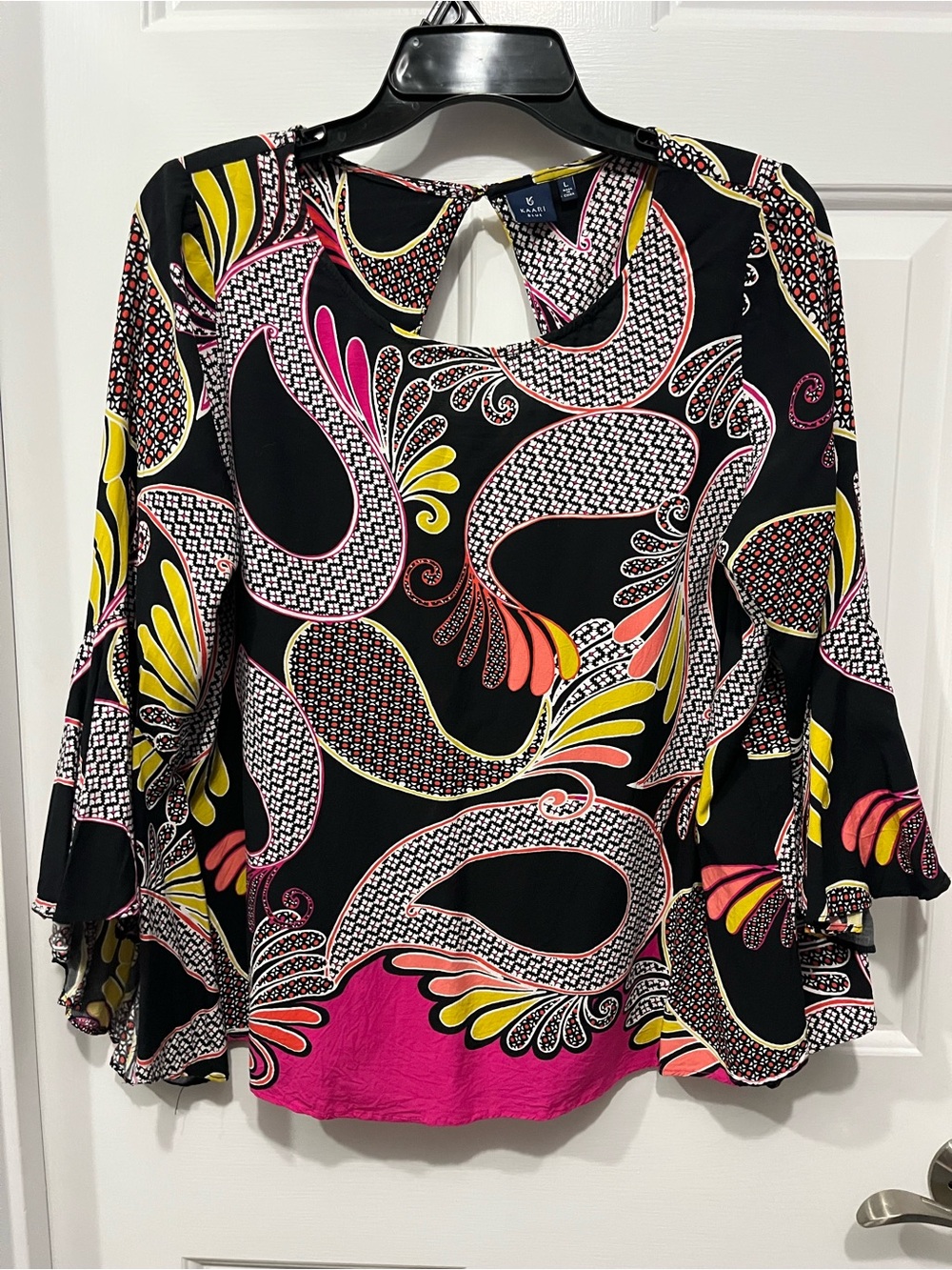 Kaari Blue Black Paisley-Print Bell Sleeve Blouse with Pink & Yellow Accents